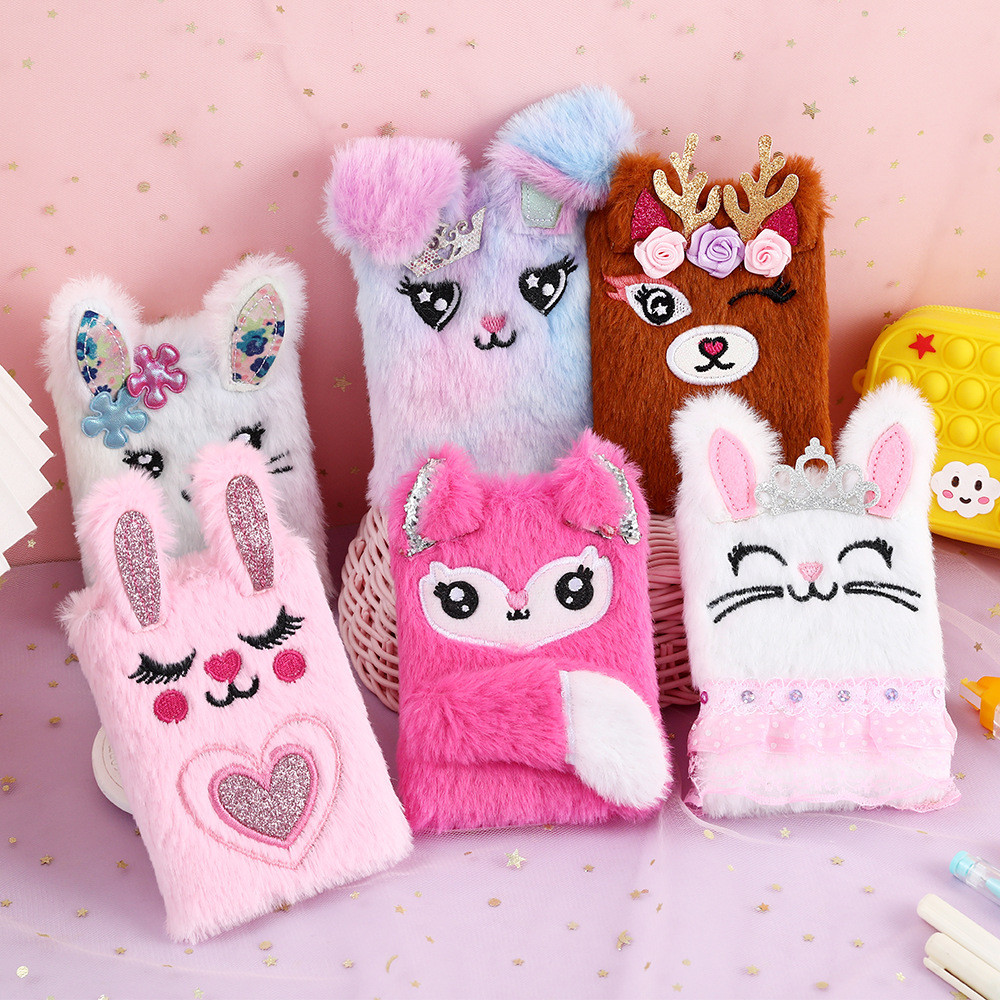 

Cute Cat rabbit FOX Plush Notebook For Girls Kawaii Pendant Furry Cats Notebook Daily Planner Journal Book Note Pad Stationery