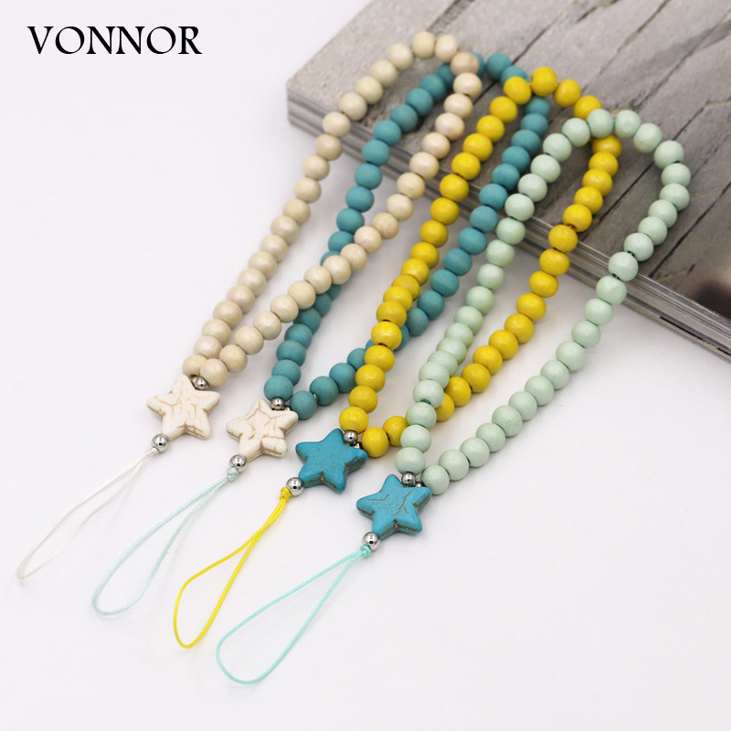 

New Fashion Wood Beads Phone Chain Handmade Jewelry Wholesale Multicolor Stone Stars Phone Charm Anti-Lost Lanyard Strap