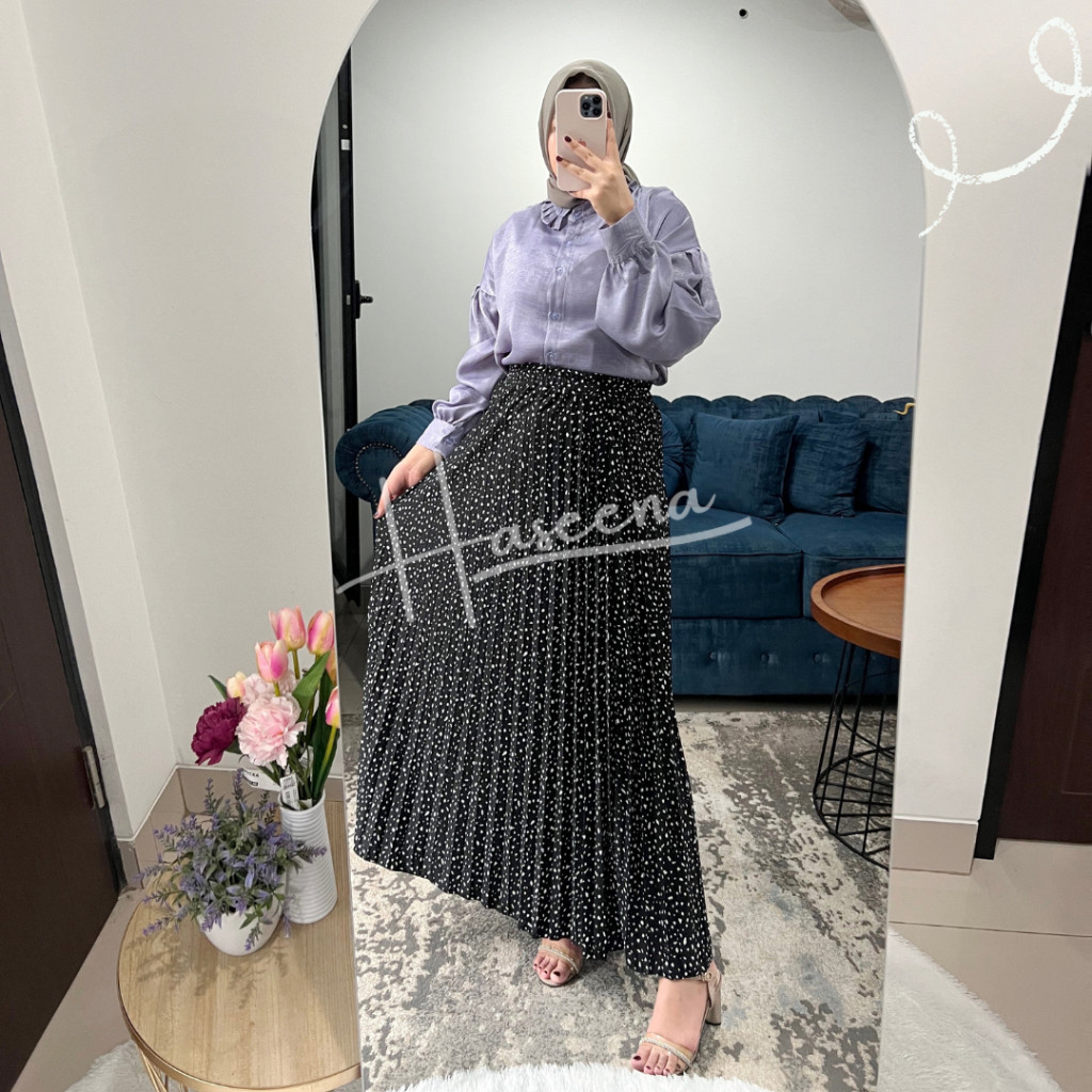 Haseena Rok Plisket Zeina Motif Polkadot Emas Mini Tabur Skirt Wanita Ala Style Korea NEW