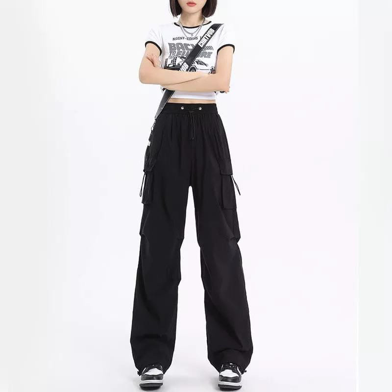 Madina.clo - Kiya Cargo Pants Wanita Highwaist Loose Korean Style Jumbo - Celana Kargo Tali Serut  W