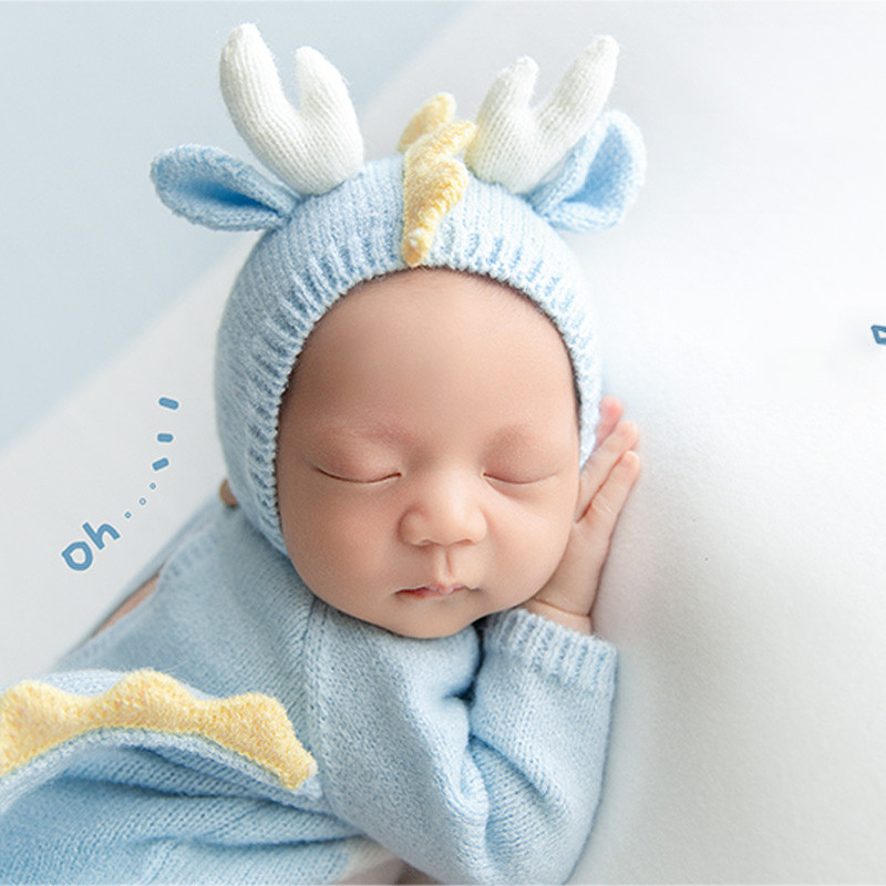 Newborn Photography Outfit Blue Knitted Long Sleeve Jumpsuit Crochet Dragon Doll Backdrop Sunflower 