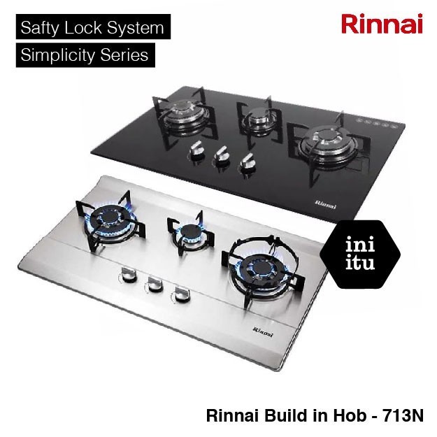 [ Rinnai ] Kompor Gas Tanam Kaca / Tempred Glass / 3 Tungku Rinnai RB 713N - Kaca / Stainless (Free 