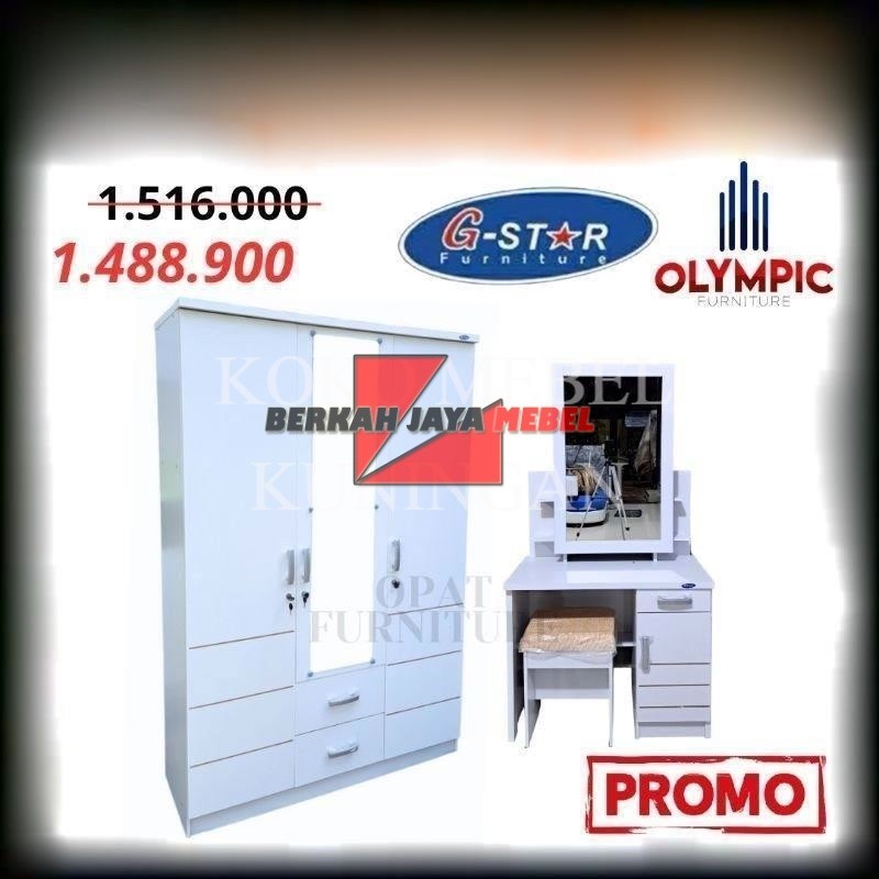 (COD) Set Lemari Pakaian 3 Pintu dan Meja Rias Kaca Sliding - Lemari dan Meja Rias Murah - Satu set