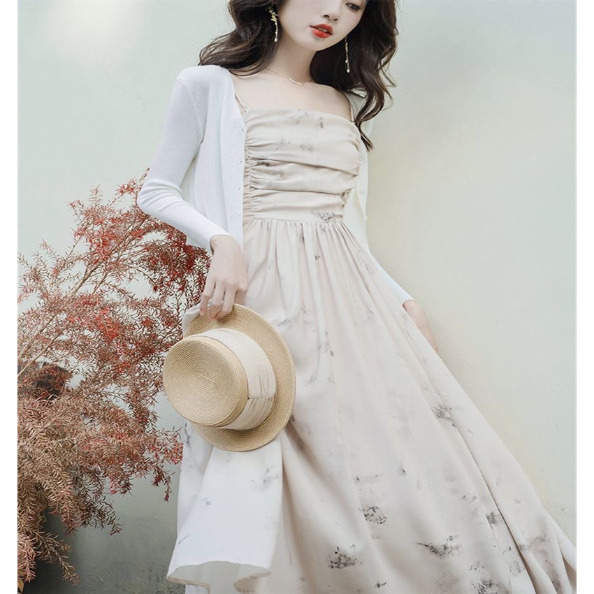 One Set Abstract Dusty Brown Midi Dress with White Cardigan  - Busana Casual Kasual Korean Style / P