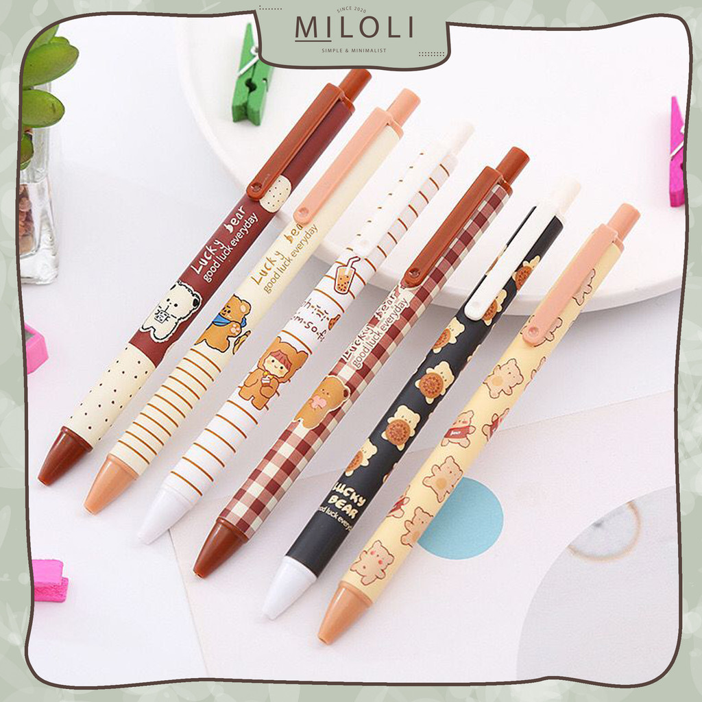 

[MILOLI] 6Pcs PENA CUTE SAN CARTOON BEAR Pulpen Mekanik Pen Gel Rectrable Pen Black 0.5mm Minimalist - D0066