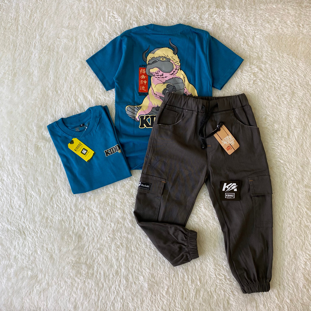 Setelan Celana Joger Cargo Panjang Anak dan Baju Kaos Anak Anime