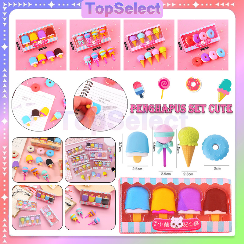 

Penghapus 4 Pcs Set/ Lucu Bentuk Es Krim Karet Hapus /Penghapus Pensil Model Ice Cream Donat Lolipop /Lolipop Donat Pensil Karakter Sweet Eraser / Penghapus Set Cute / Penghapus Pensil Karakter Lucu