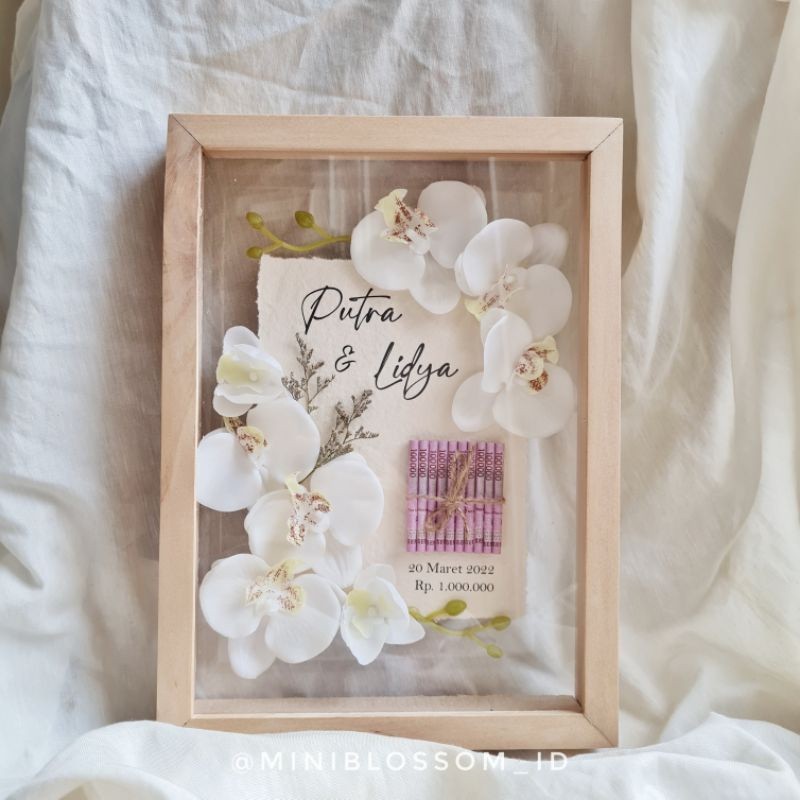 PURE ORCHID Mahar Anggrek / Bingkai Mahar Uang / Bingkai Mahar Logam Mulia / Frame Mahar 3D Kayu