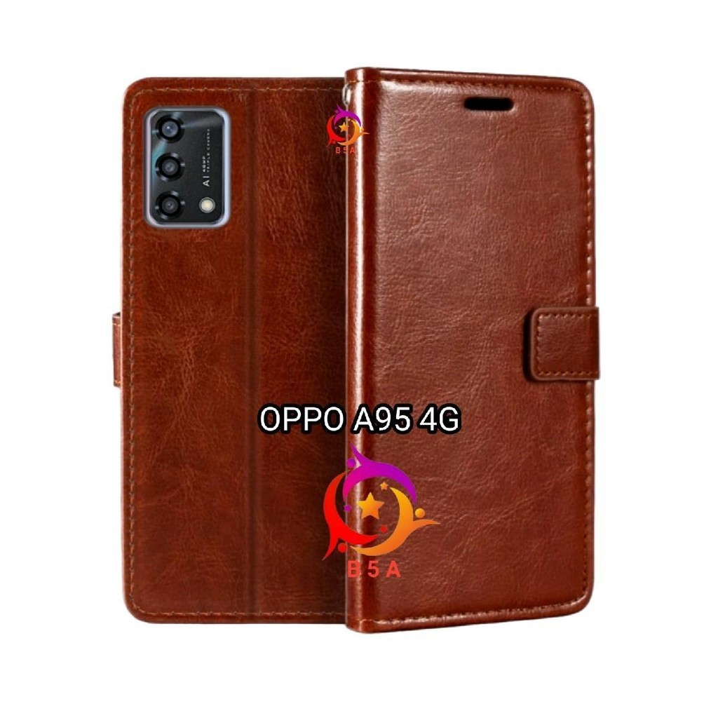OPPO A95 4G Flip Cover Wallet Leather Casing Dompet Kulit ( Case Untuk A95 4G ) Slot Card Warna Hita