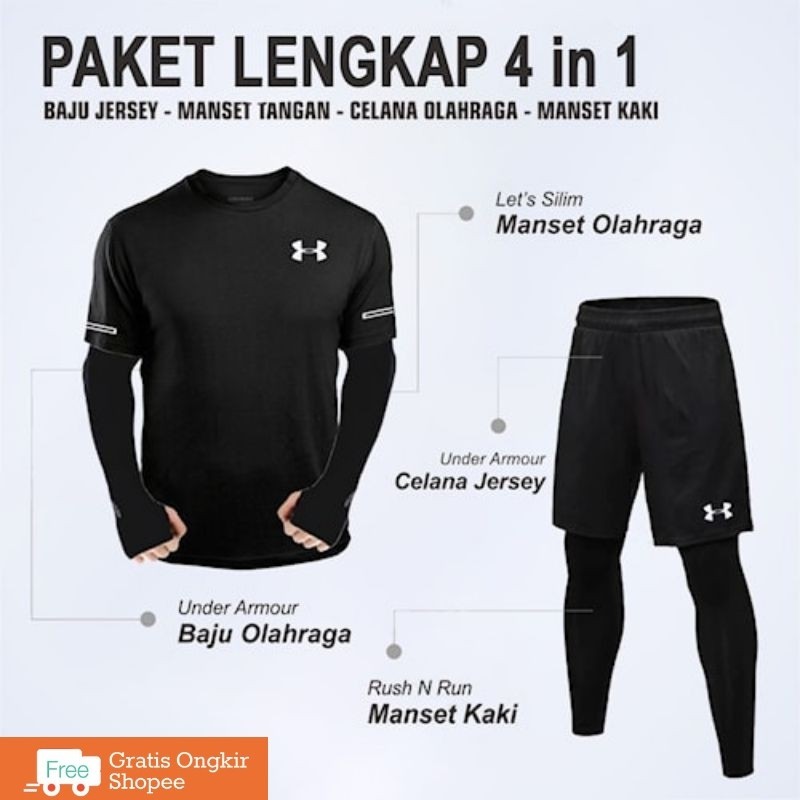 Paket Lengkap Setelan Olahraga Pria Baju Kaos Olahraga Dryfit Manset Tangan Lets Slim Manset Kaki Ru