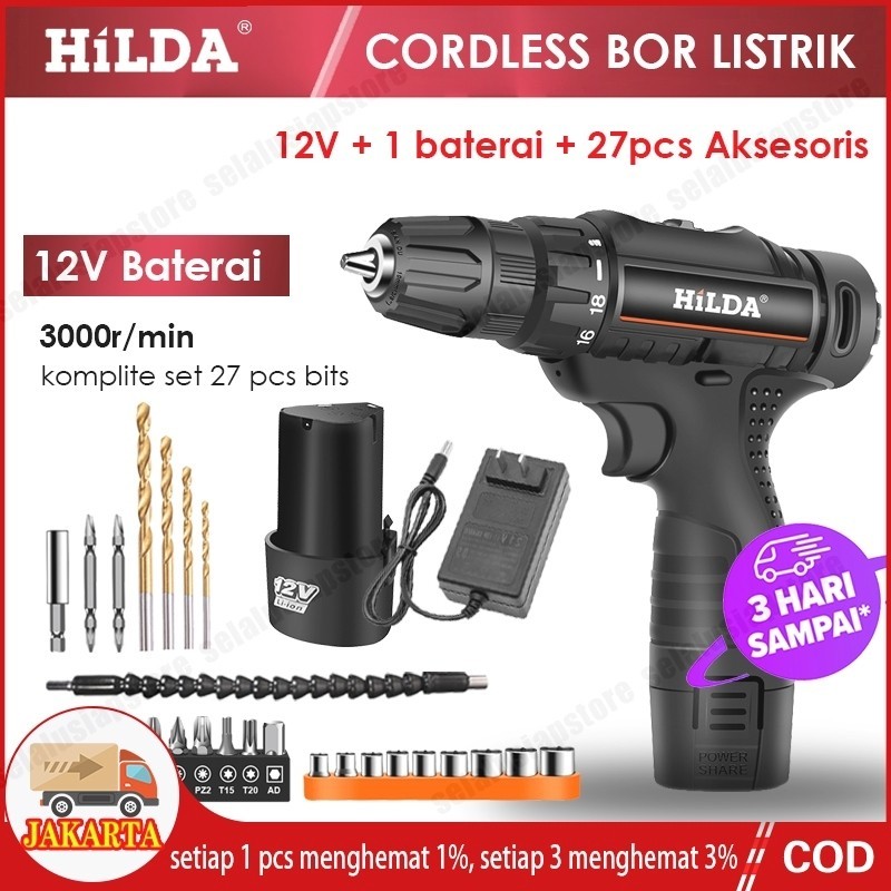 HILDA Bor Listrik Murah Promo Bor Baterai Mesin Tanpa Kabel Impact Drill Cordless Drill Koper 2 Bate