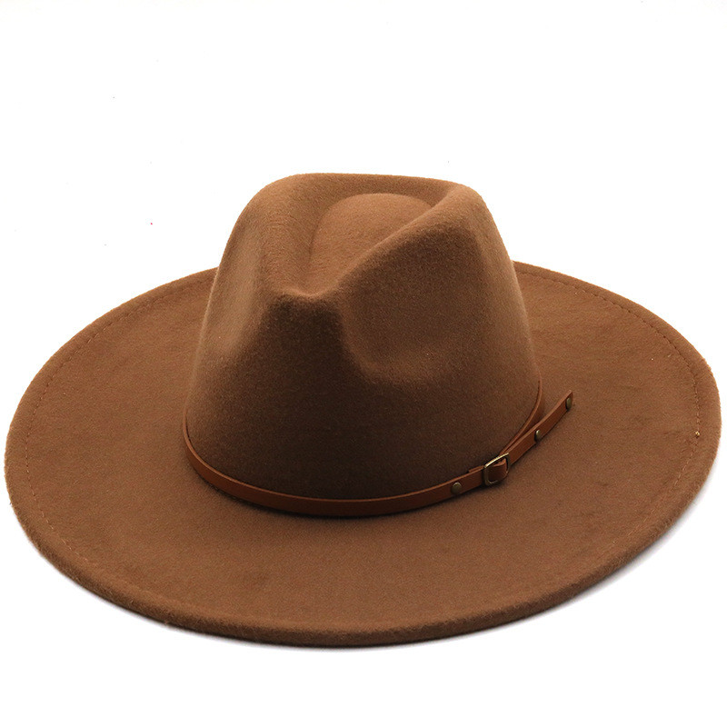 9.5cm Wide Brim Fedora Hats with Brown Belt Autumn Winter Women Party Top Hat Men Jazz Retro Cowboy 