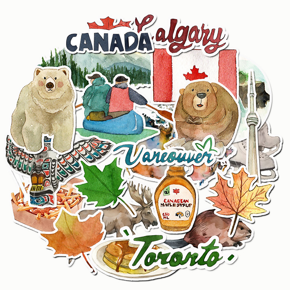 

Set of 27 Watercolor Canada Travel Stickers Handmade Decals Perfect for Journal, Planner, Laptop, Water Bottle, DIY Card Making