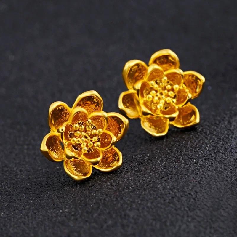 Pure 14 K Dubai Gold Fried Dough Lotus Flower Earrings for Women Girlfriend Wedding Birthday Gold Co