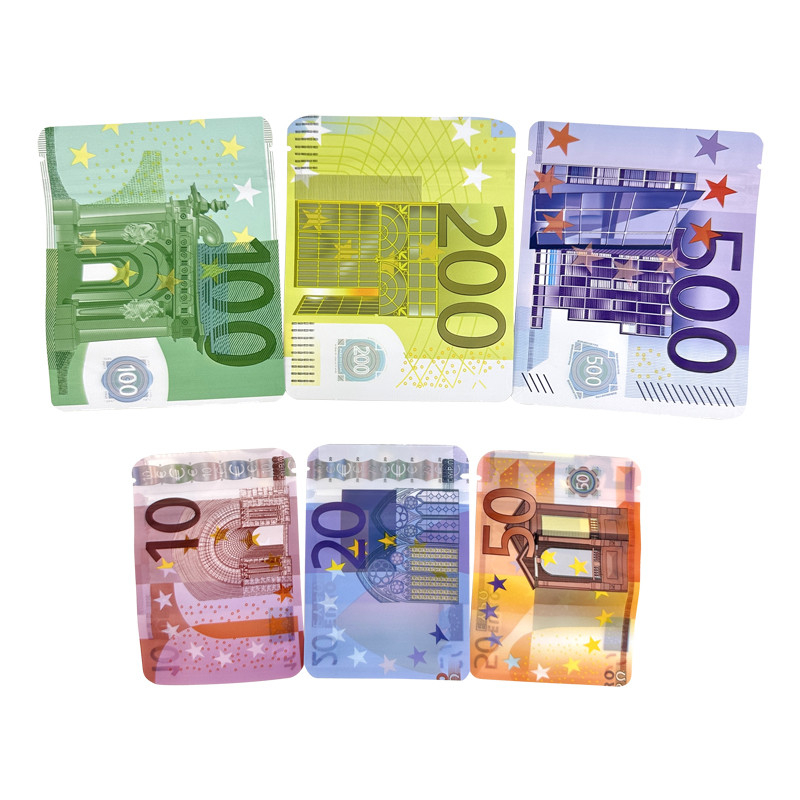 

10€ 20€ 50€ 100€ 200€ 500€ Bills Paper Zip lock Bag Small Pouch With Clear Window 1-3.5G Mylar Small Bag Customized Design EURO