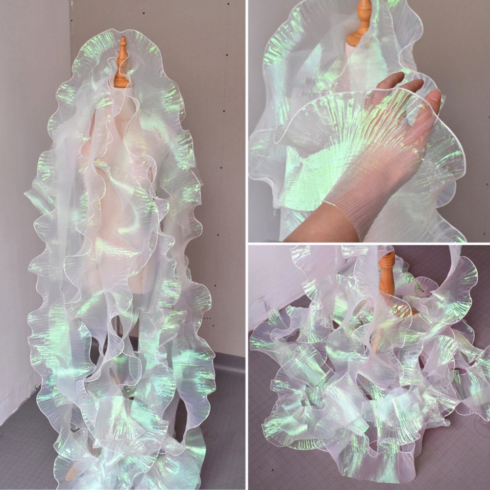 

1 Yard Mermaid Pleated Flower Lace Magic Color Laser Gradient For Wedding Wave Striped Decoration Cloth Wide 15CM