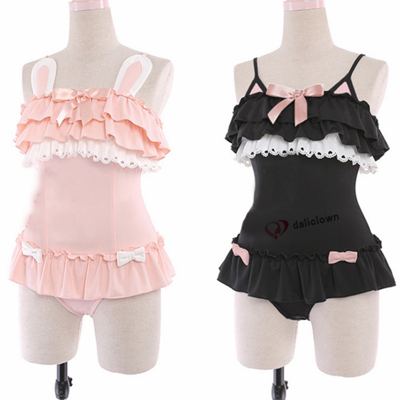 One Piece Swimsuit Cute Sexy Anime Cosplay Costume Women Kawaii Black Cat & Powder Rabbit Swimsuit L