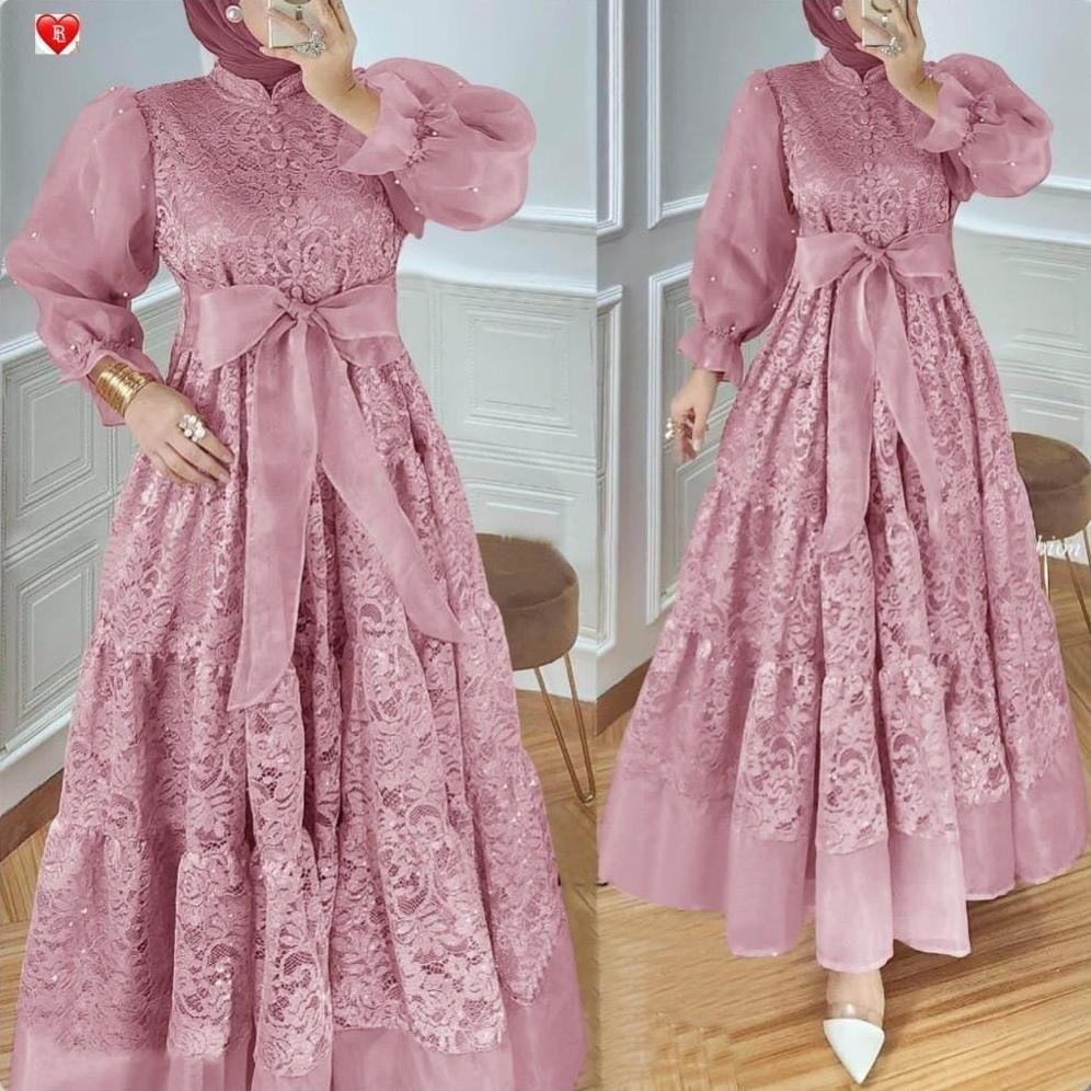 CR - MODEL BARU  Gamis brukat / Gamis Brukat kombinasi Organza Mutiara / Gamis Organza kombinasi / G