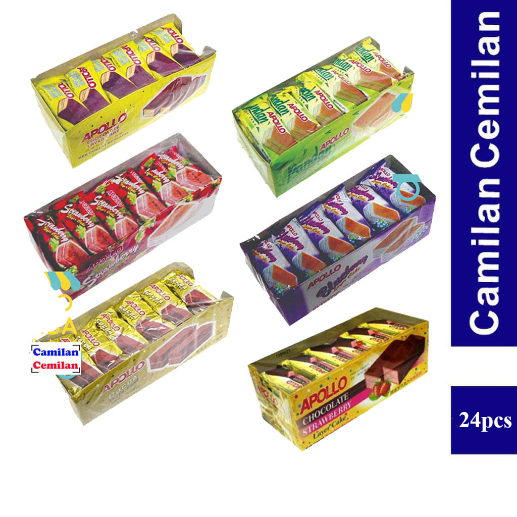 

Apollo Layer Cake Bolu Lapis Coklat Pandan Blueberry Strawberry isi 24 pcs x 18 gr