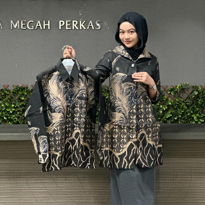 Baju Batik Couple Tunik Atasan Wanita Katun Solo Premium Full Lapisan Trycod Ukuran S-5L Warna Hitam