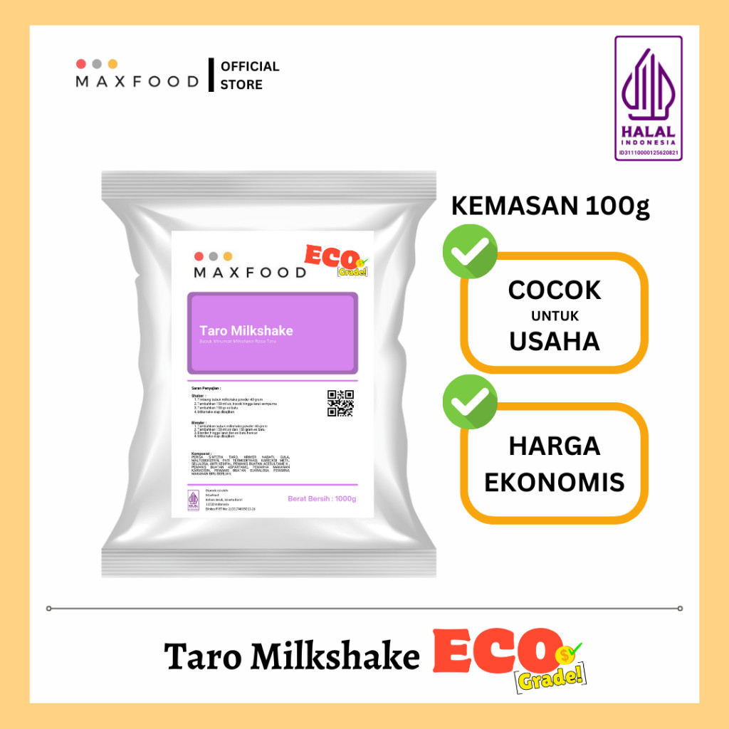 

MAXFOOD - [ECO] Taro Milkshake Powder / Bubuk Minuman Rasa Talas Milkshake Ekonomis 100 GR