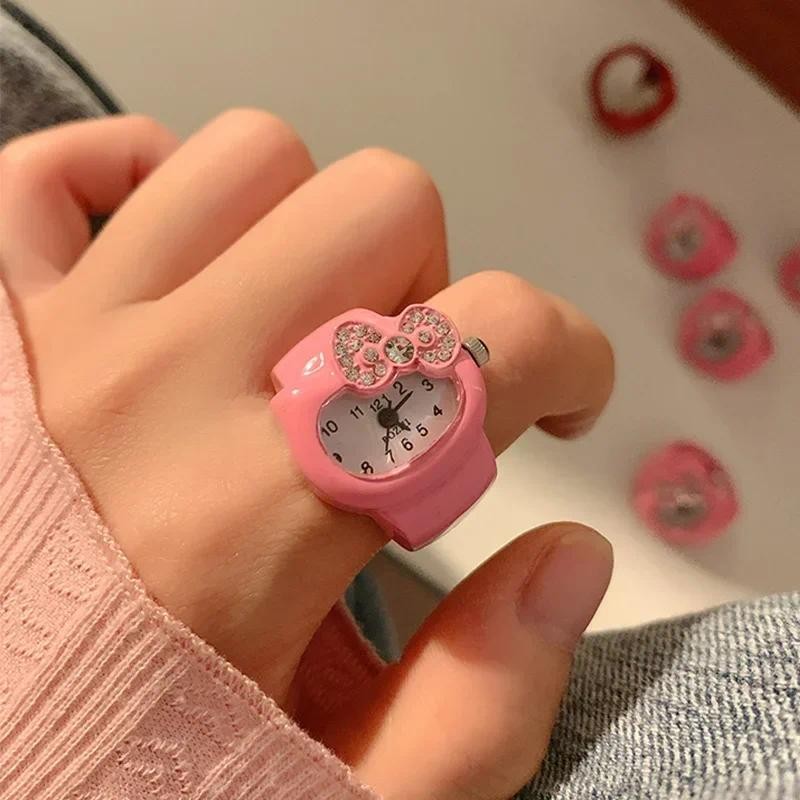 

Wholesale Kawaii Sanrio Hello Kitty Watch Ring Cute Kt Cat Bow Rhinestone Clock Ring Watch Girls Ornaments Children Toys Gifts