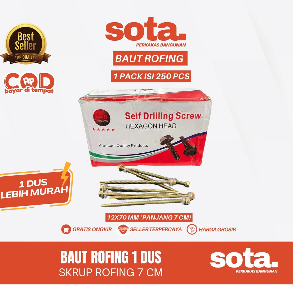 SOTA Baut Skrup Rofing Ukuran 12x70 7CM Kuning Untuk Baja Ringan / 1 Dus Isi 250 PCS