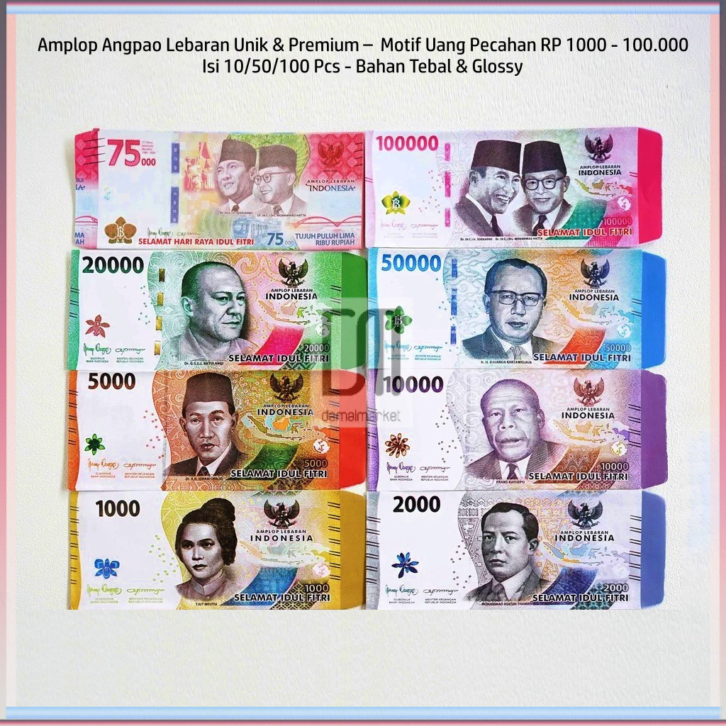 

Amplop Angpao Lebaran 2025 Unik Premium - Motif Uang Pecahan Rp1.000 - Rp100.000, Isi 10/50/100