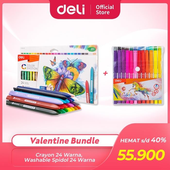 

[NEW COLLECTION] Deli Bundle Edisi [CUAN] Valentine / 1set Crayon 24 warna, 1set Spidol 24 Warna / VAL2022-10 Kain Stationery