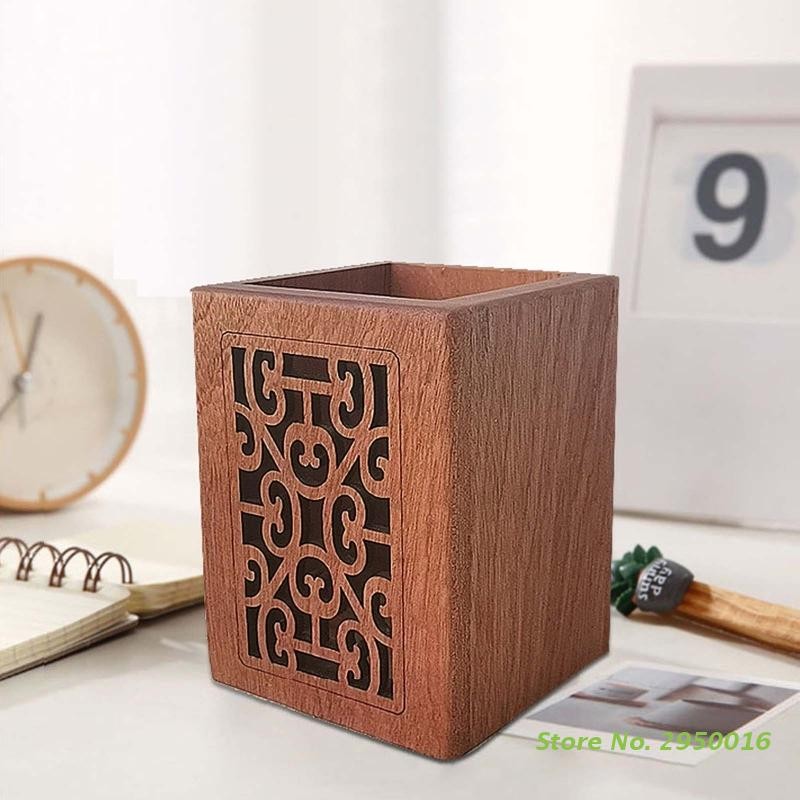 

Vintage Hollow Out Wooden Pencil Pen Holder Desk Organizers Decorative Brush Cup Accessories for Home Office Supplies