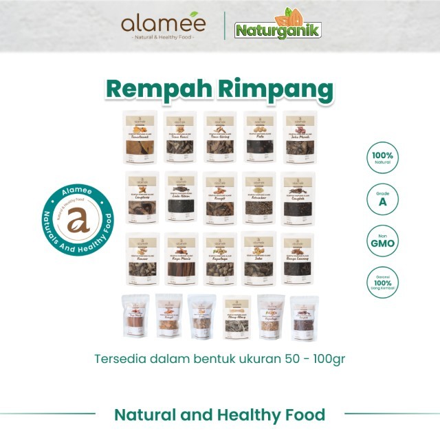 

ALAMEE Bumbu Rimpang Temulawak Kayu Manis Jahe Kunyit Lada Hitam Kencur Pala Ketumbar Kering Spice Naturganik