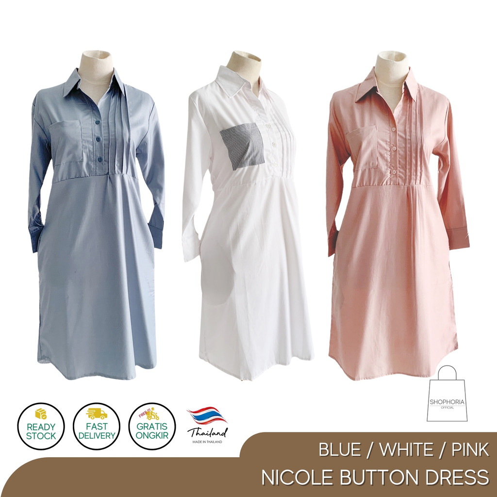 Baju Dress Wanita Terusan Lengan Panjang Nicole Biru Putih Pink Katun Thailand