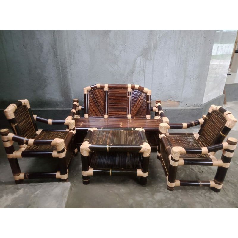 Kursi Bambu Hitam 1 Set Ikat Rotan Lengkung