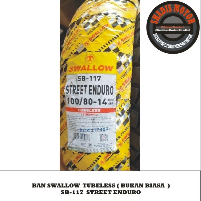 Ban Motor Merk Swallow Tubeless Tipe SB117 Street Enduro Ukuran 100/80 Ring 14 Ban Motor Tubeless
