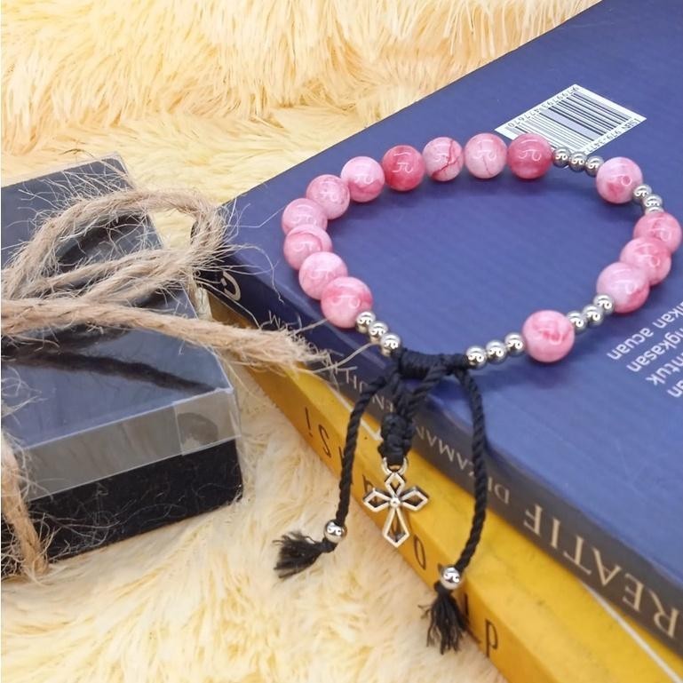 Gelang Rosario Batu Pink Borneo Manik Stainless