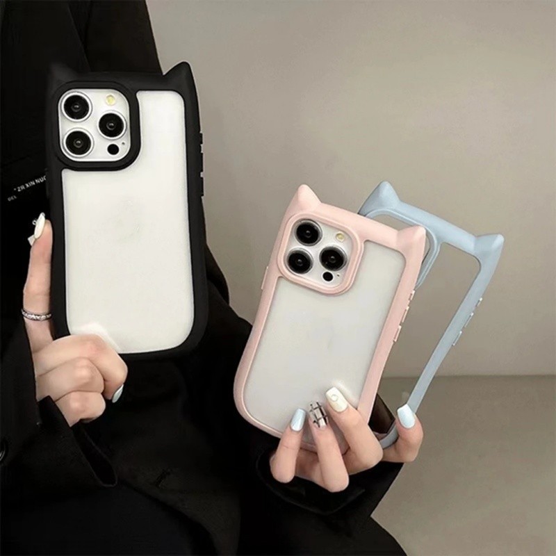 Korean Cute 3D Cat Ears Silikon Akrilik HP Case Seri iPhone 15 14 13 12 11 Pro Max Casing Lucu Kartu