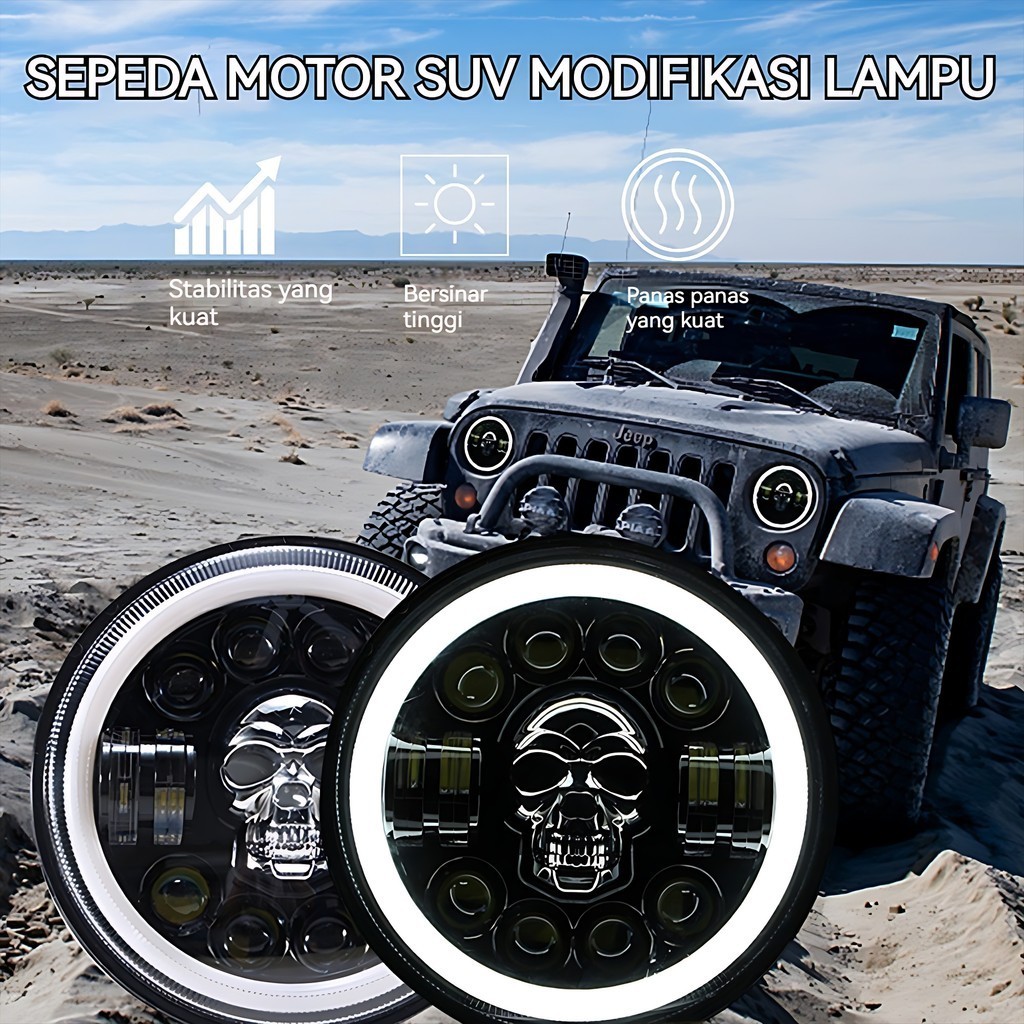 Lampu Tembak Daymaker Tengkorak 7 Inch LED Bulat 60 Watt Lampu Daymaker Tengkorak