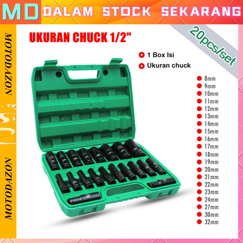 【Stok Siap】20Pcs 8-32MM Kunci Sok Set Mata Kunci Impact Impact Socket Set 1/2 6pt KUNCI SOK IMPACK S