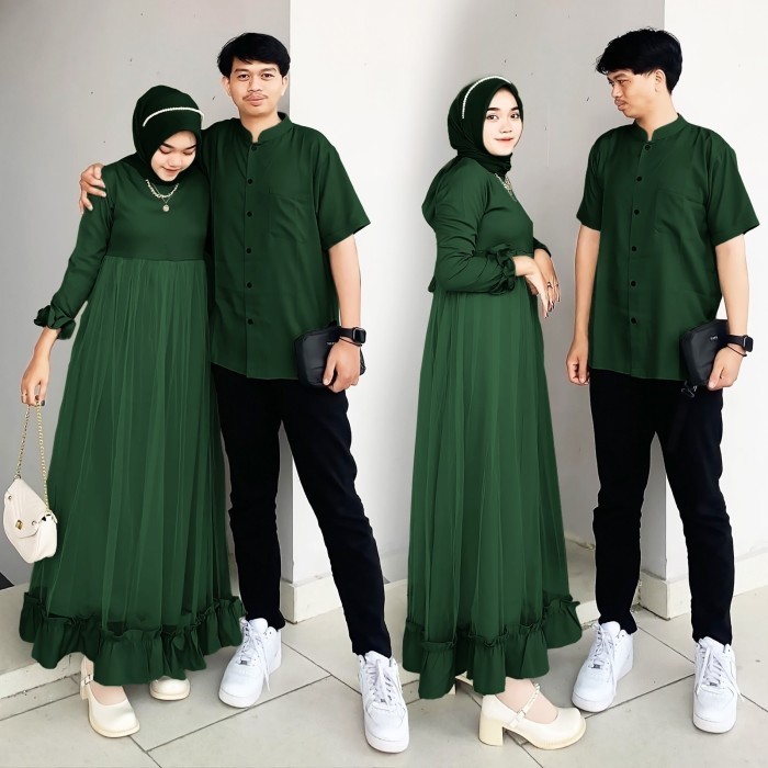 couple marisa hijau botol baju pesta pasangan gamis murah