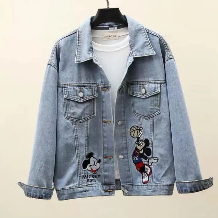 Mickey Basket Miki Mouse Jaket Jeans Wanita Jacket Denim Motif Bordir Outer Cewek Jeket Cewek Terbar