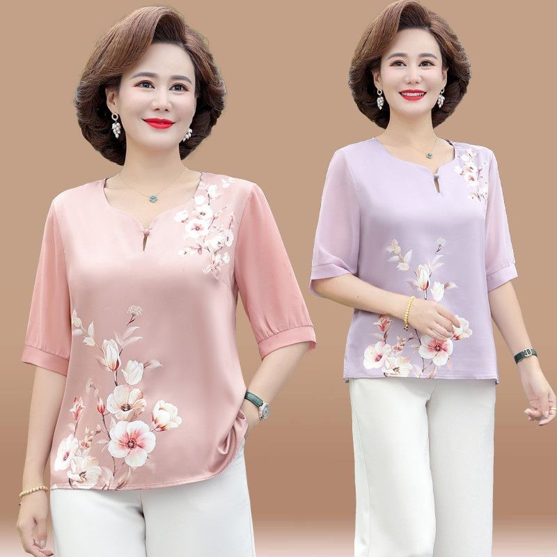 Ibu musim panas kaos lengan pendek blus wanita lengan tengah blus wanita paruh baya pakaian v-neck