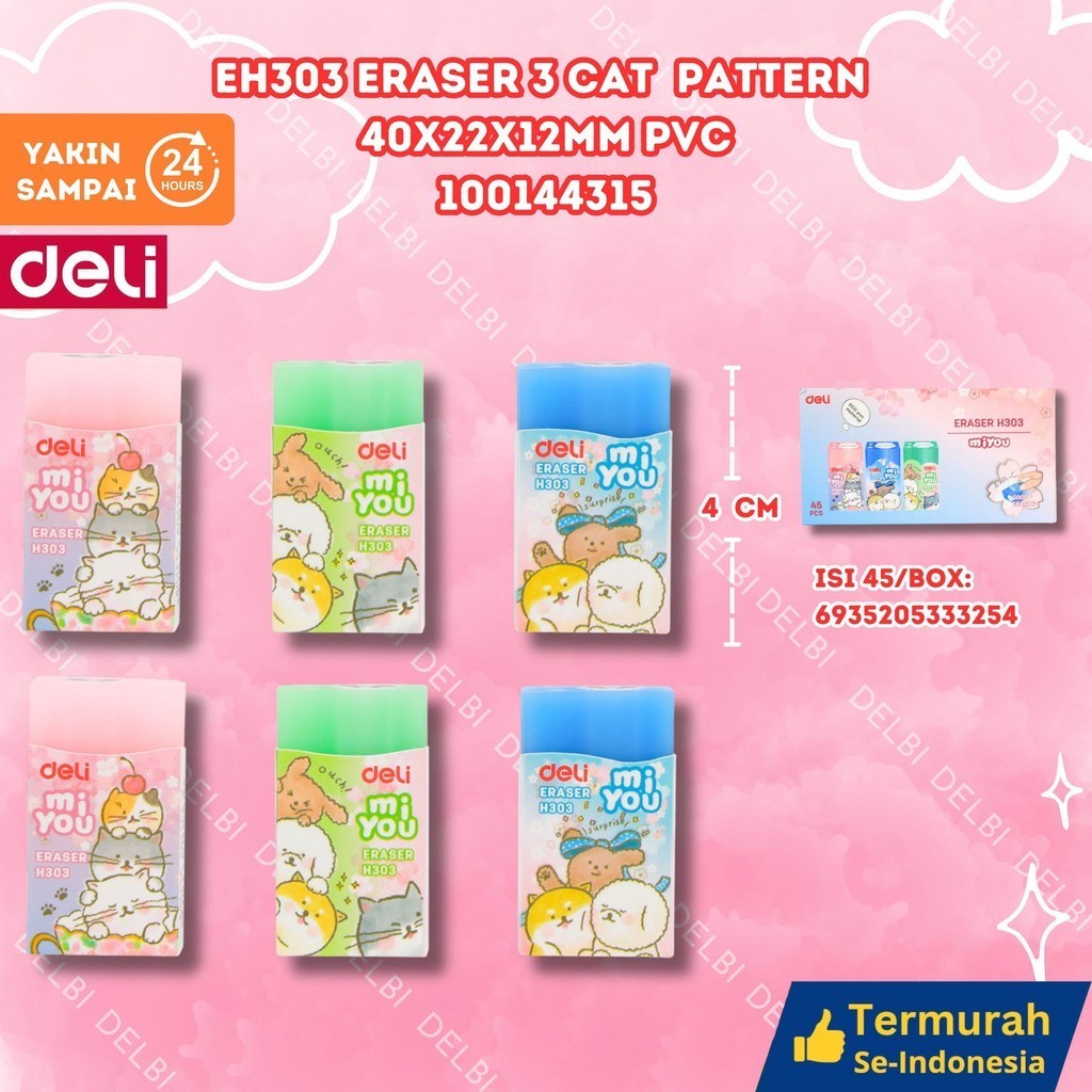 

Deli Eraser / Penghapus Bersih Eco PVC Desain Miyou EH303 ERASER 3 CAT PATTERN 40X22X12MM PVC