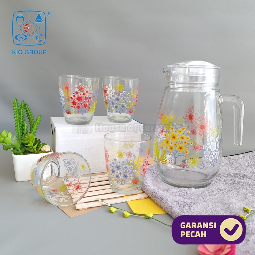 KIG  1 SET Drink Teko Cangkir Set CLARINA  Pitcher Set Beling Jug Drink Set 4 Gelas Gagang + 1 Teko 