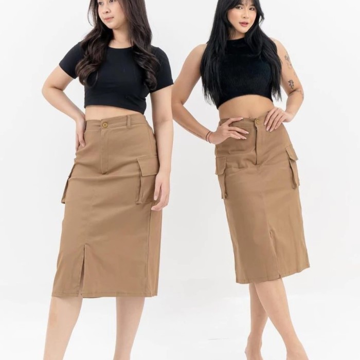Rok Kargo Midi / Cassa Skirt Cargo Highwaist 7/8 Karet Belakang - Army, Jumbo