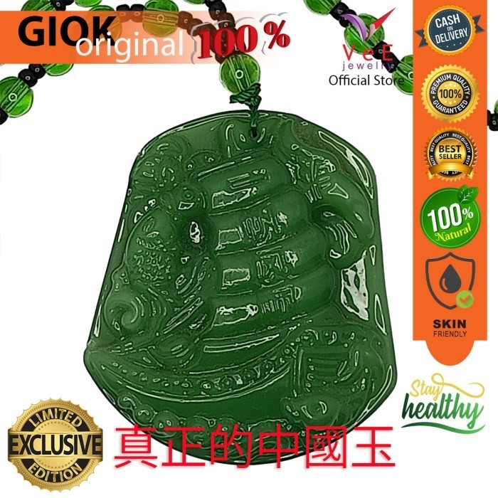 Kalung Liontin Batu Giok Asli Cina Ukiran Perahu Ikan Hijau - VeE