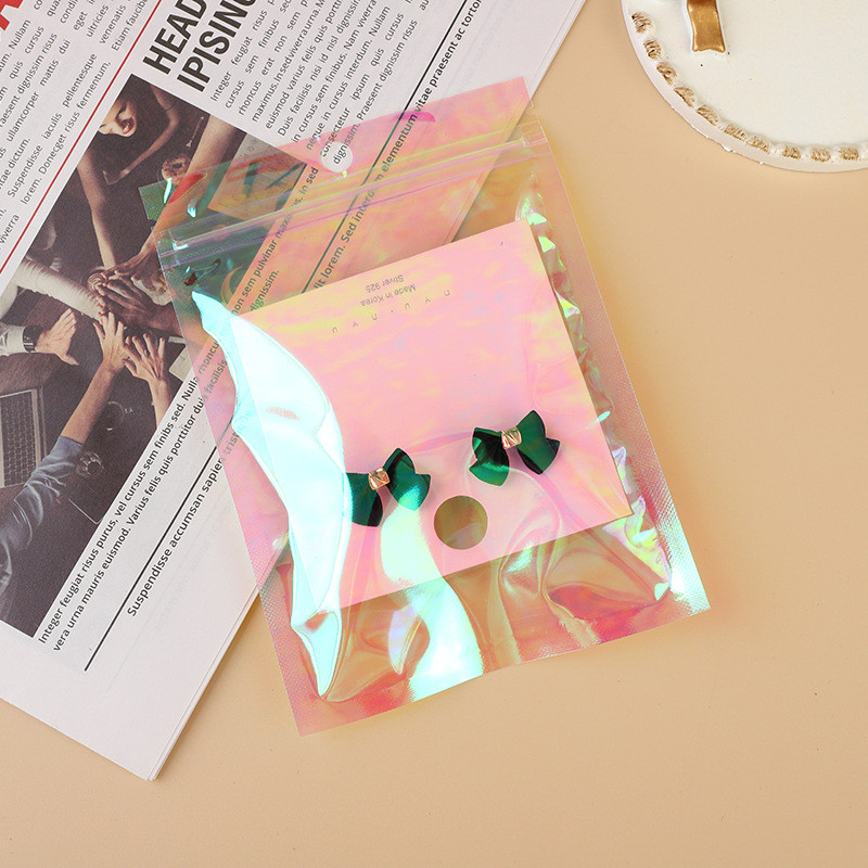 

20-50pcs Sealing Opp Bags Holographic Pink Aluminum Foil Pouch Resealable Ziplock Bag for Jewelry Retail Hang Display Packaging