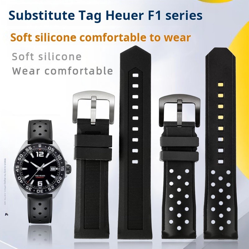 For Tag Heuer CARRERA F1 AQUARACER Black Nature Rubber Waterproof Breathable Silicone Watch strap 20