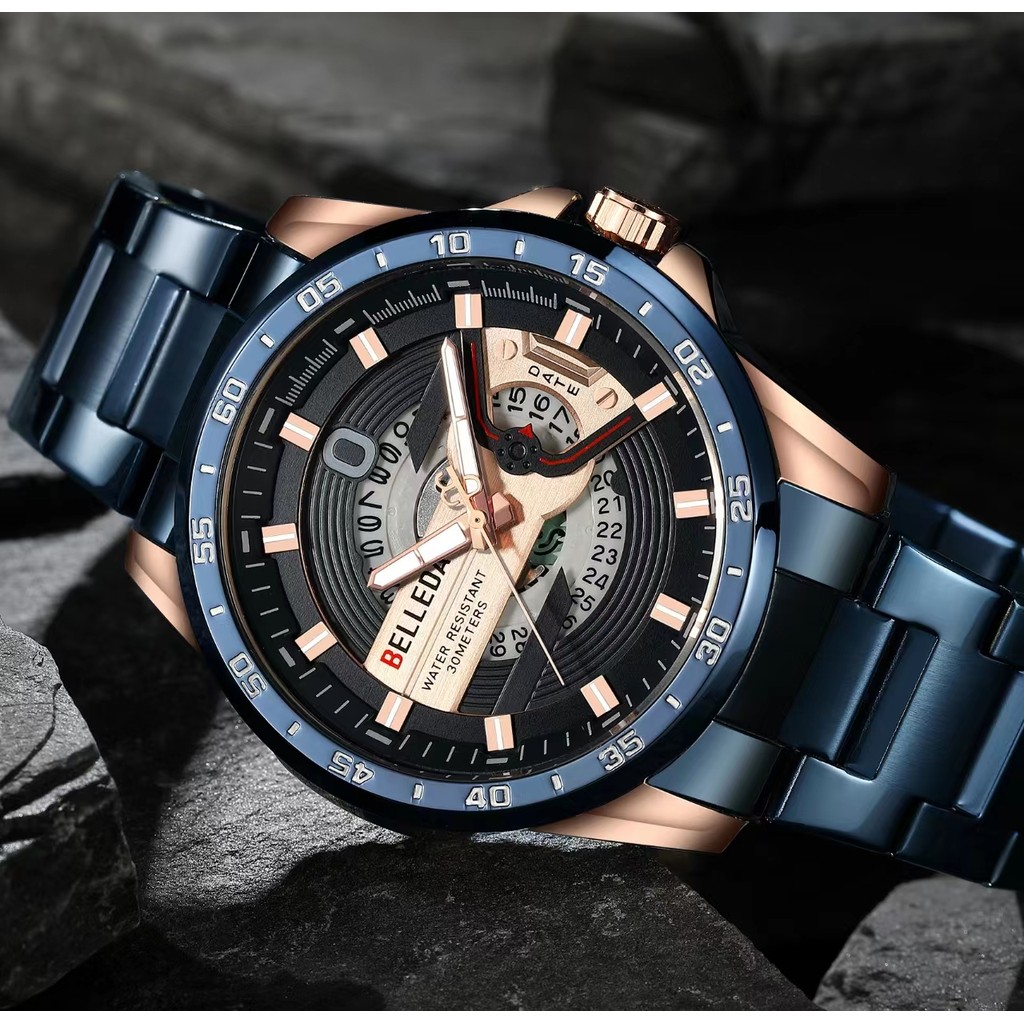 Big Sale  Jam Tangan Pria BELLEDA 9382 Rantai Stainless Steel Tanggal Aktif Anti Air