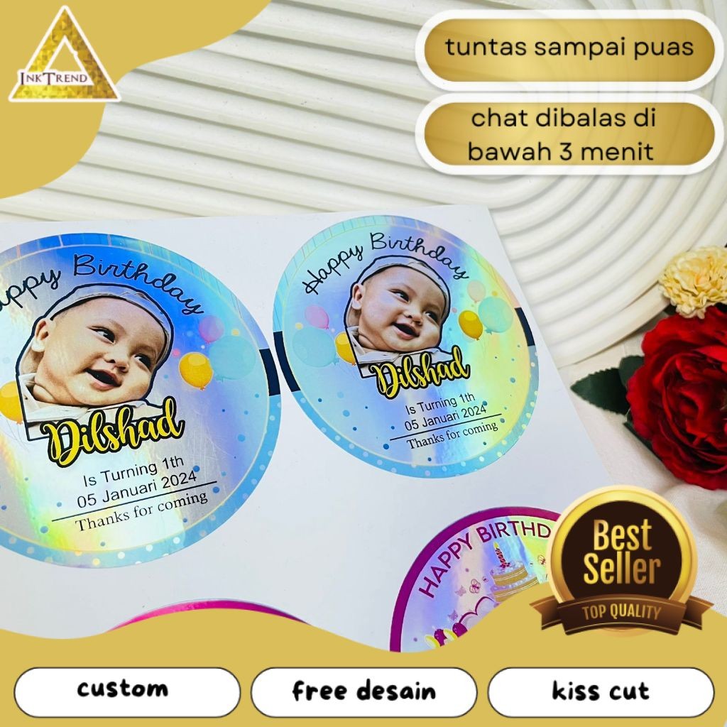 

INKA 2-4 Sticker Undangan Ulang Tahun Anak Label Stiker Happy Birthday Bahan Hologram Anti Air