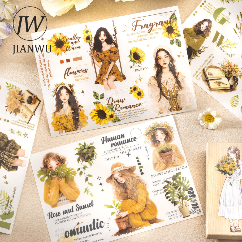 

JIANWU 2 Sheets A Sea of Flower in Her Heart Series Character Collage PVC Transfer Sticker Creative DIY Journal Stationery